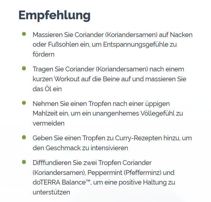 doTERRA Coriander (Koriandersamen) Empfehlung